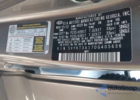 2013 Kia Sorento Lx из США, поврежденный, VIN 5XYKT3A17DG405636